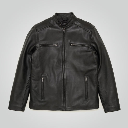 Men's Black Cafe Racer Leather Moto Jacket