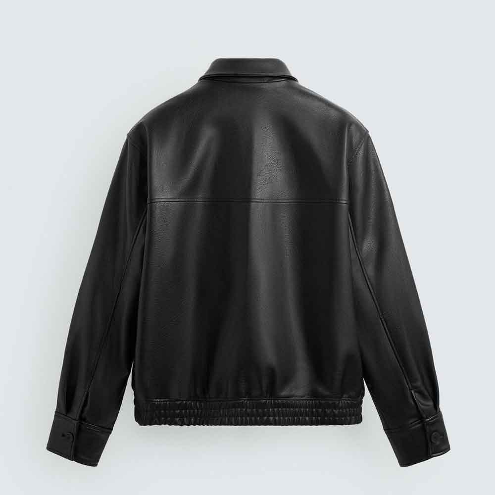 Black leather jacket on a light gray background