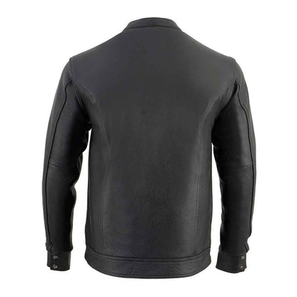 Black leather jacket shown from the back on a white background