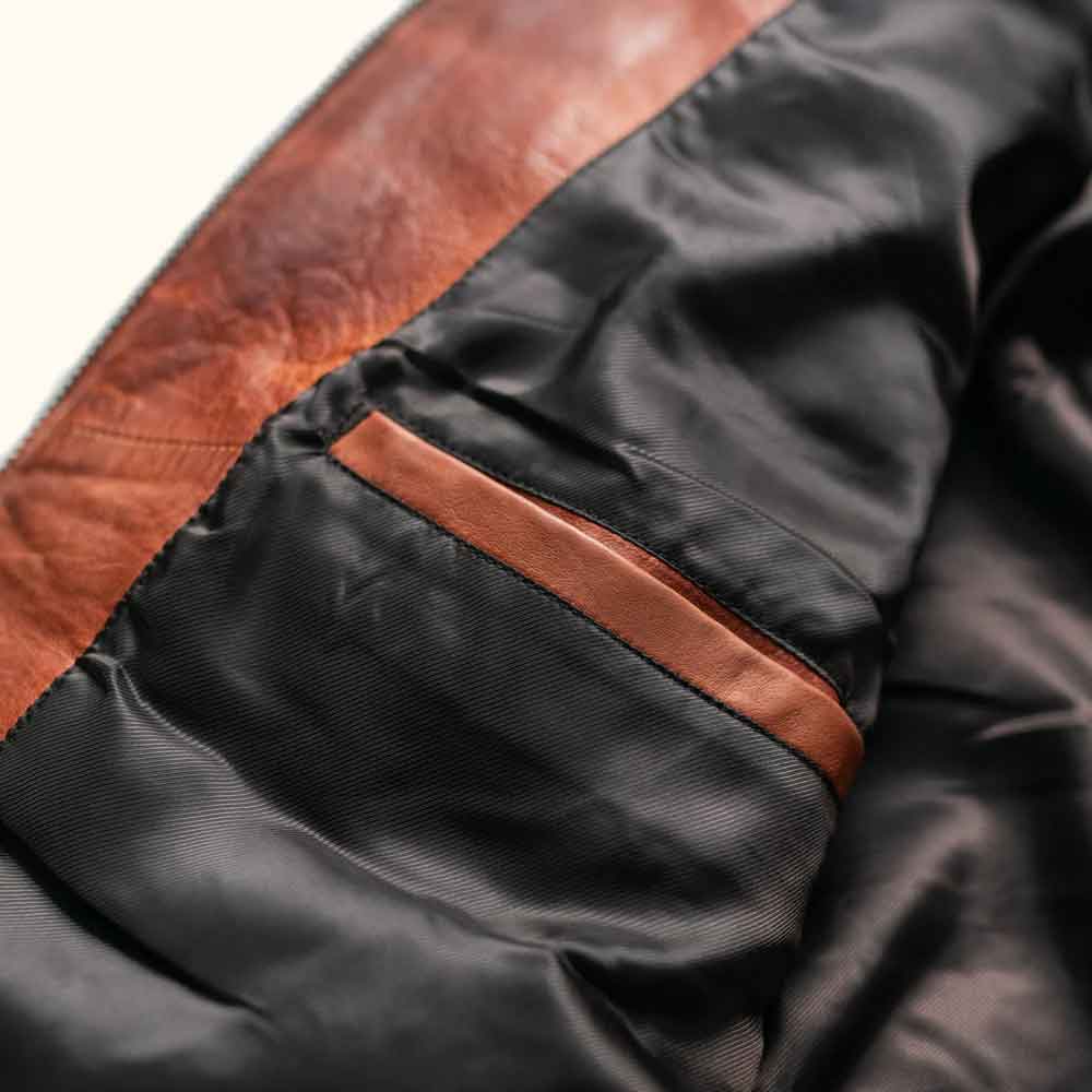 Close-up of a black jacket with brown leather accents