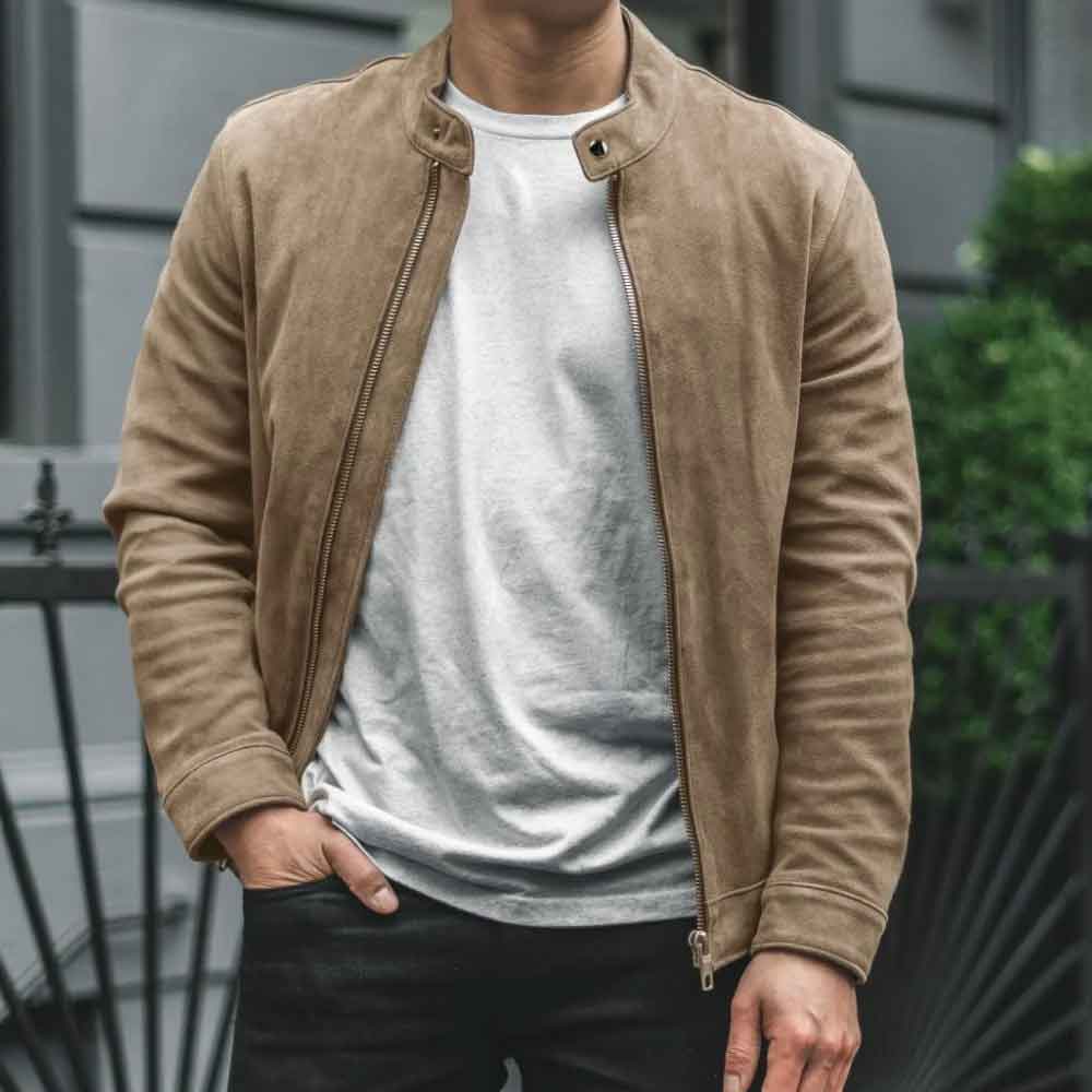 Front view of a man wearing Suede Biker Jacket in Cafe Racer Style
