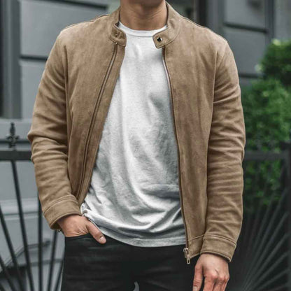 Front view of a man wearing Suede Biker Jacket in Cafe Racer Style