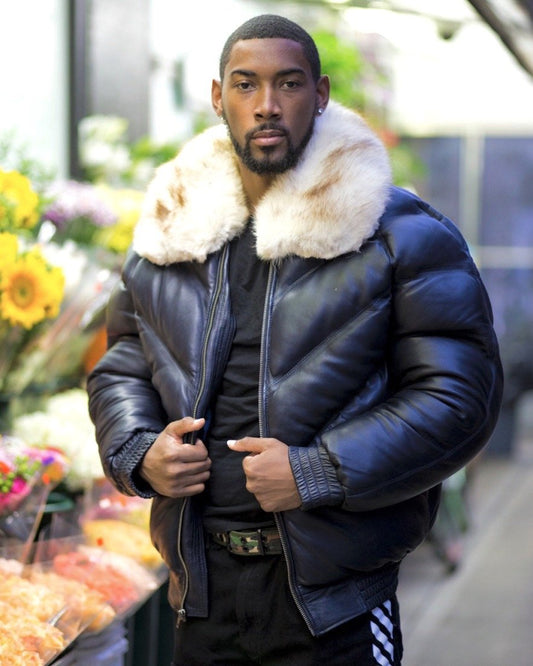 MEN V-BOMBER JACKET - NAVY BLUE (OFF WHITE FUR) - bombersflight