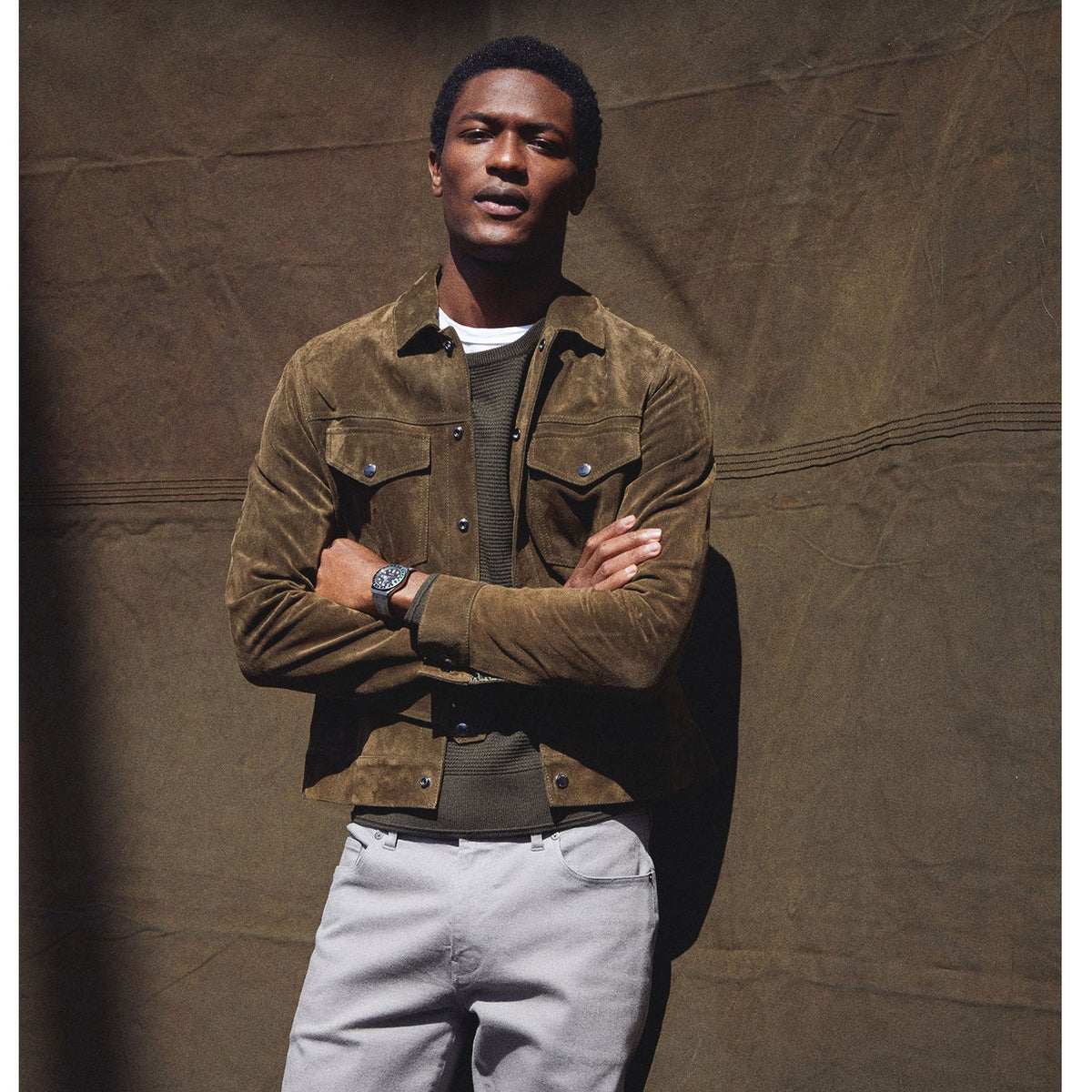 men wearing olive suede jacket