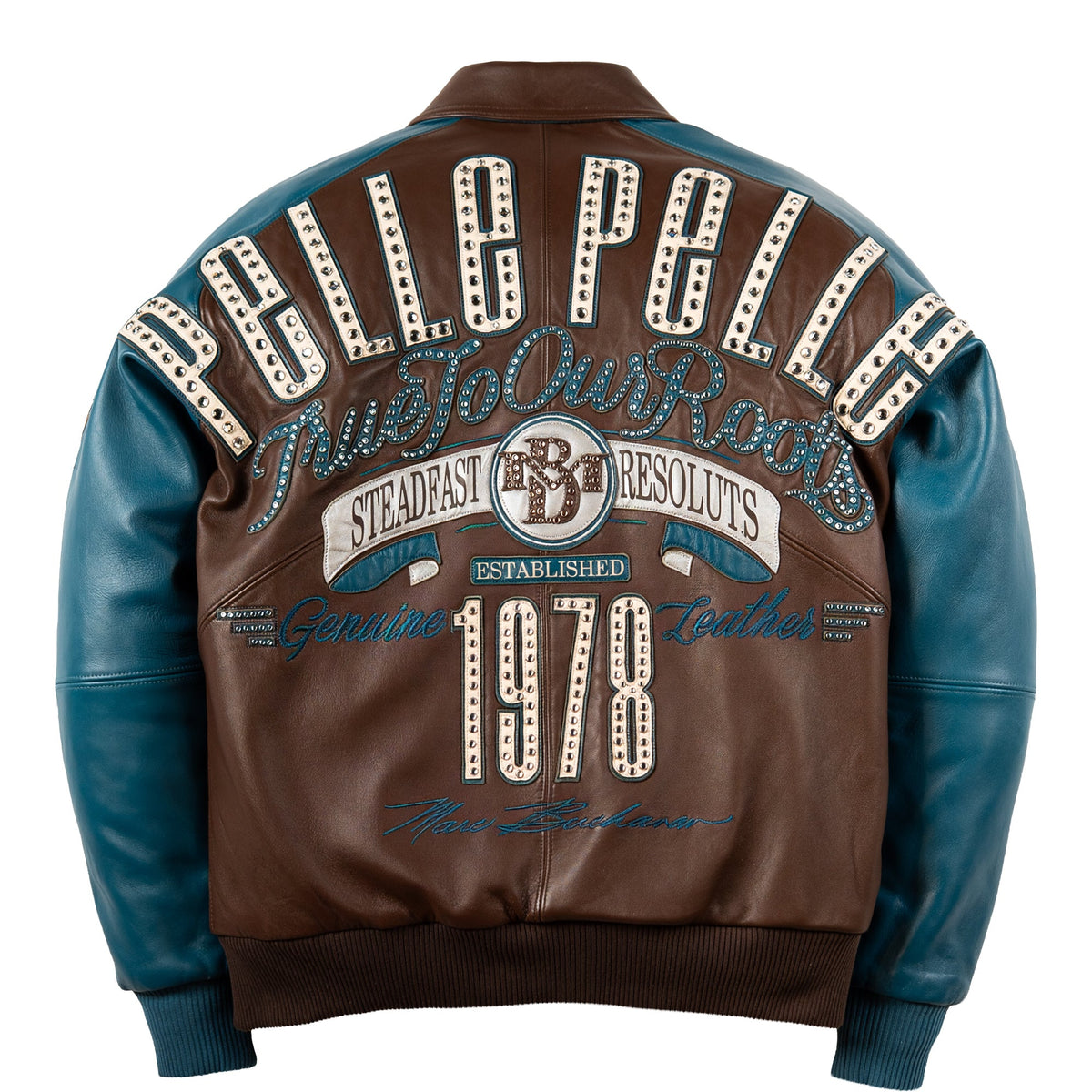 Back view of a brown and teal leather jacket featuring a large 'Pelle Pelle' graphic with decorative studs and text on a white background.