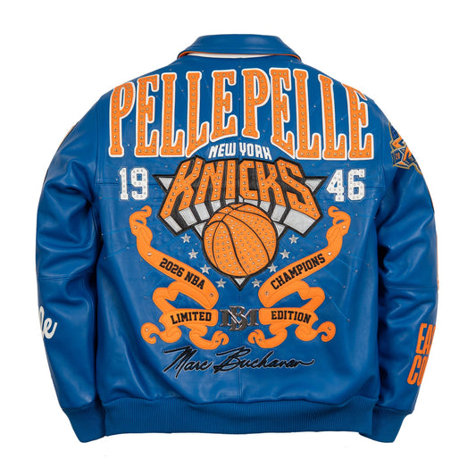 A blue leather-style jacket shown from the back, featuring large orange and white 'Pelle pelle New York Knicks' graphics, a basketball motif, and '2026 NBA Champions' text on a white background.