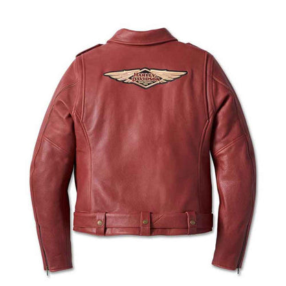 Red leather jacket with Harley-Davidson logo on a white background