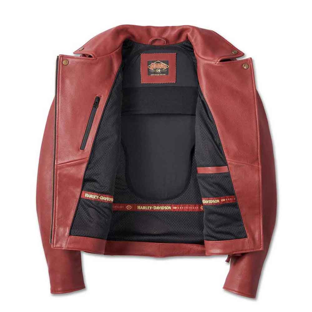 Red leather jacket with visible Harley-Davidson branding on a white background