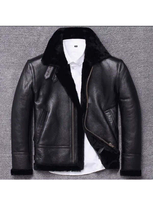 Men's Sheepskin Winter Black Fur Coat Jacket - bombersflight