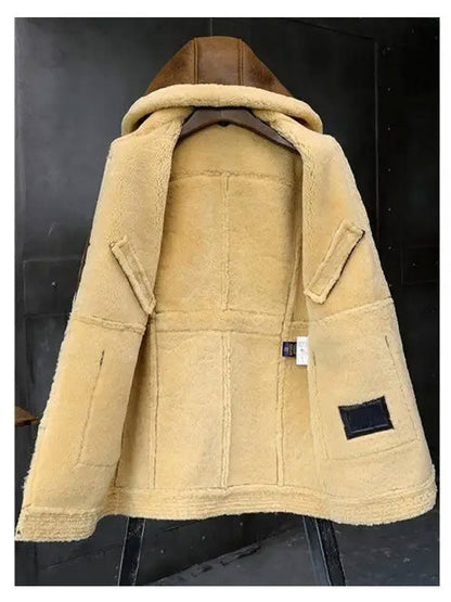 Beige sherpa jacket with brown hood on a black background