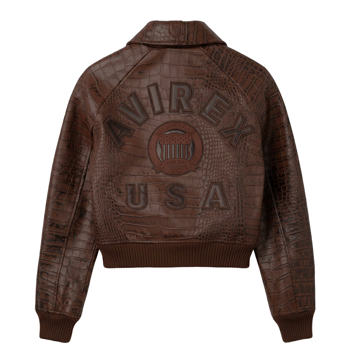 Back of brown cropped Avirex jacket with oversized logo and USA appliqué