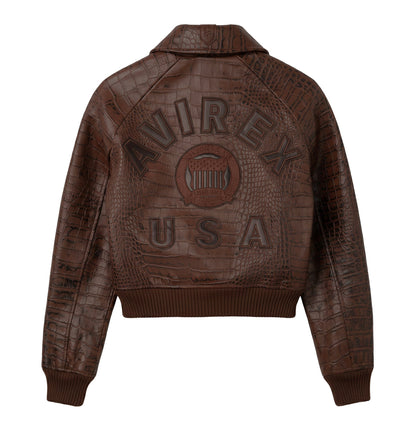 Back of brown cropped Avirex jacket with oversized logo and USA appliqué