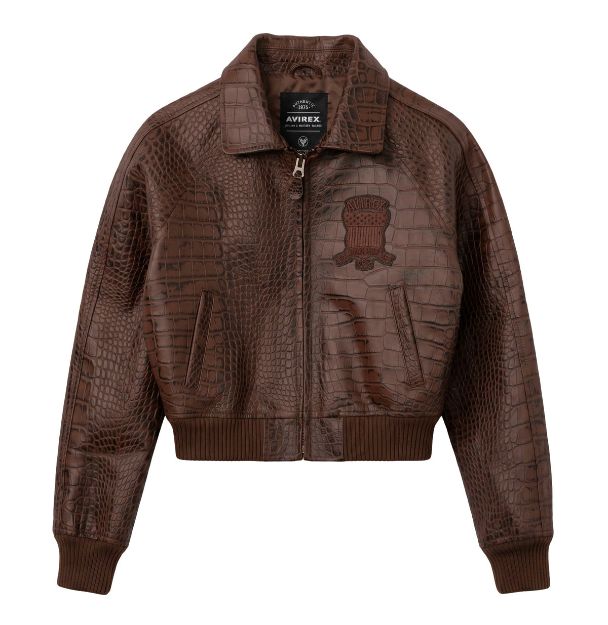 Women’s brown cropped Avirex crocodile-textured leather jacket front view