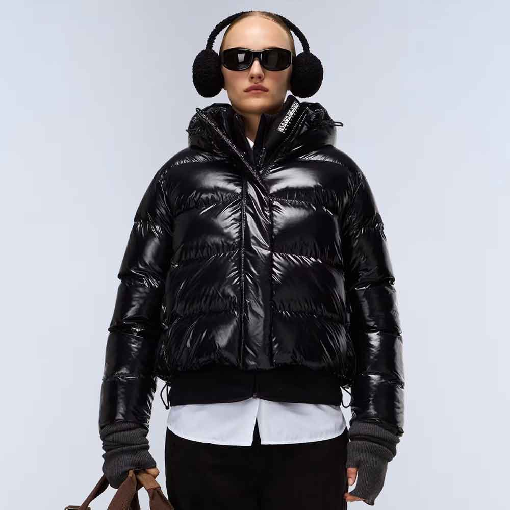 Womens Shiny Puffer Jacket in Black